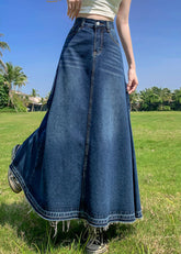 Moderne blaue Patchwork-Jeansröcke mit hoher Taille und Taschen in A-Linie